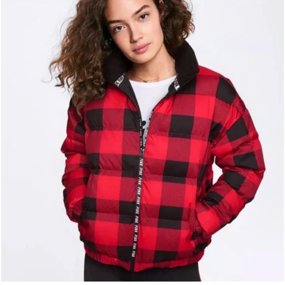 Pink Victorias Secret Sherpa Collar Puffer Jacket Buffalo Plaid Size Small - Picture 2 of 9